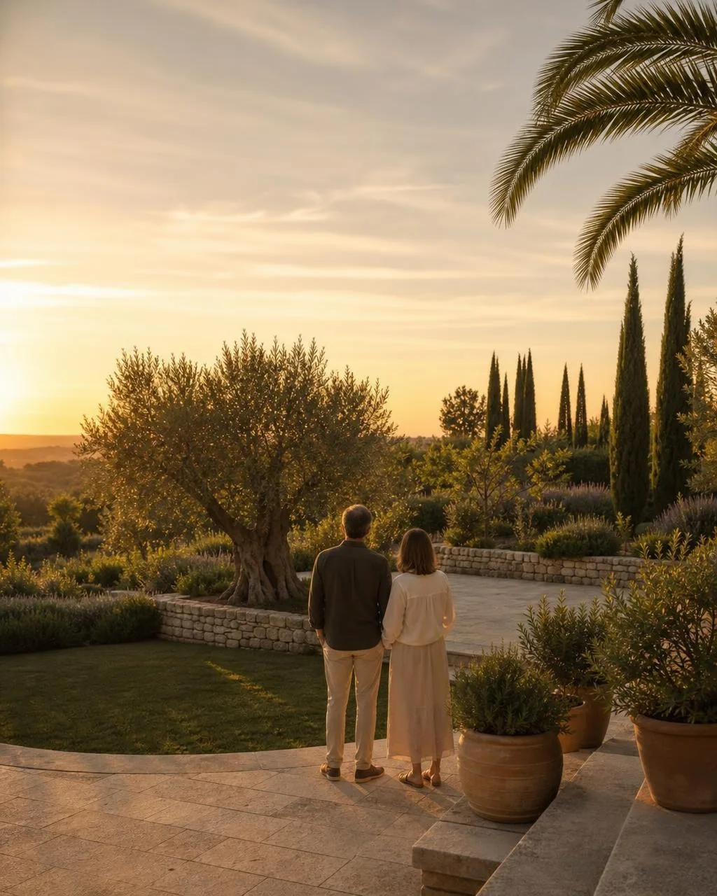Pareja de espaldas contemplando su jardín desde la terraza de piedra al atardecer